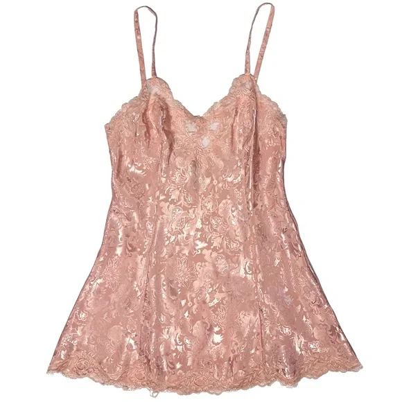 Victoria's Secret Gold Label Pink Satin Jacquard Short Robe and Cami Set Large